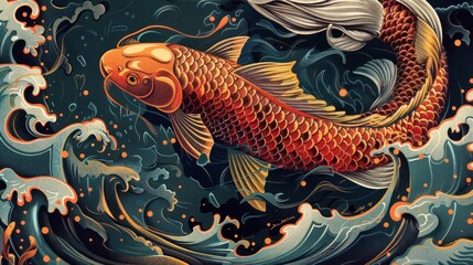 Bold and colorful graphic design featuring Japanese koi fish with intricate scales --ar 16:9 Job ID: 8c7416a2-166f-4f9c-aafe-df0b5bd101b3