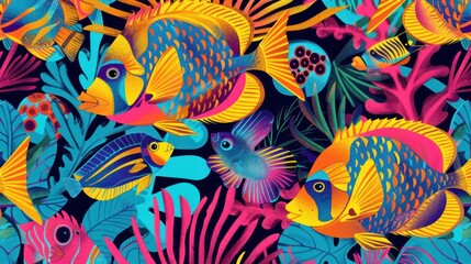 Bright and bold pattern featuring tropical fish and underwater plants in vivid hues --ar 16:9 Job ID: c16badc3-443c-4d05-afa5-a080c6baa0f7