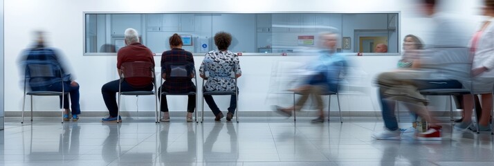 Various individuals, including patients and visitors, seated in chairs in a hospital waiting room - Powered by Adobe