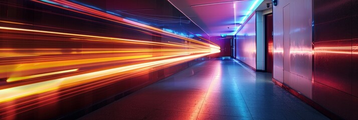 Long exposure shot of a bright hallway in a building, capturing light streaks from the illumination, creating a dynamic visual effect