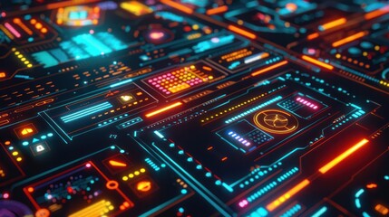 Fototapeta premium Image of a colorful, futuristic user interface with floating icons and bright, dynamic animations --ar 16:9 Job ID: ae45cc5d-31f3-4c1a-9fe8-8a5d939df23e