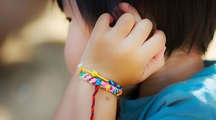 Naklejka premium Close-up of a young child wearing colorful friendship bracelets, embracing a moment of childhood innocence and simplicity.