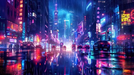 Fototapeta premium Image of a lively cityscape at night, with neon lights and reflections creating a dynamic urban background --ar 16:9 Job ID: 8775b768-f934-4bab-87f9-d63bc8e80462