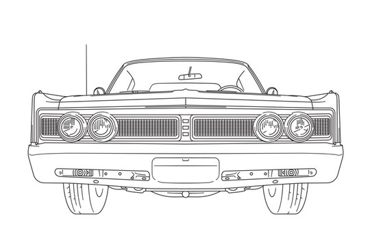 Vintage american muscle car from the 1960s low angle frontal view line art vector illustration