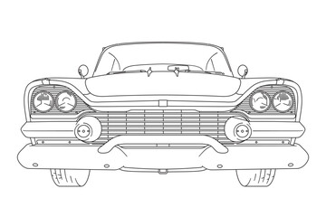Vintage american muscle car from the 1950s low angle frontal view line art vector illustration