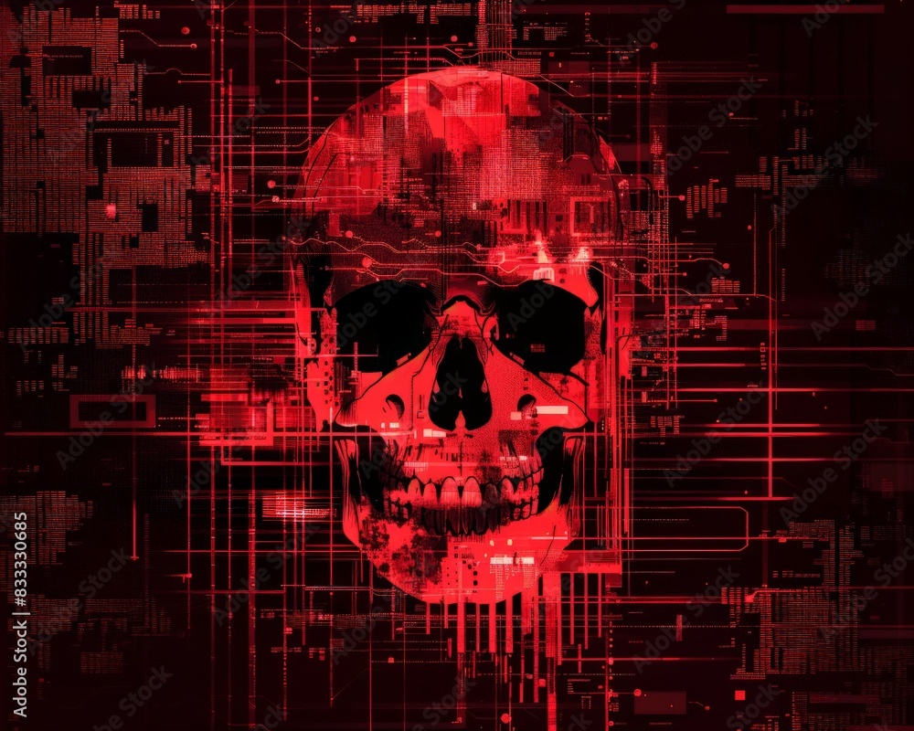 Poster 3d illustration of a skull with a glowing red circuit board pattern.