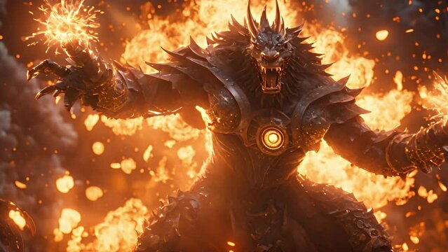 Fiery fantasy monster character in armor, radiating energy and power