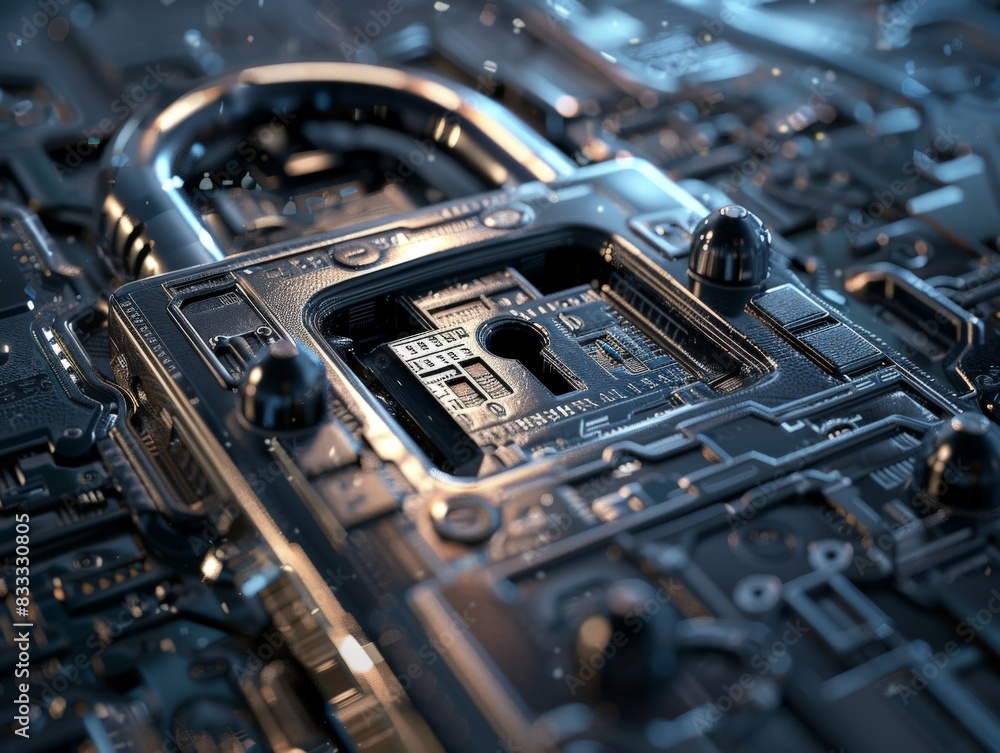 Poster a circuit board with a padlock on it. the padlock is made of metal and has a keyhole. the circuit bo