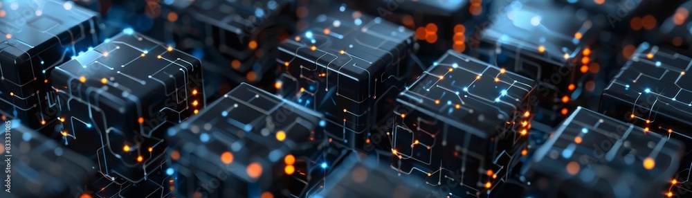 Aufkleber abstract 3d rendering of glowing blue cubes. futuristic technology, artificial intelligence, big dat
