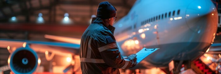 A man standing in front of a cargo airplane, holding a clipboard and conducting preflight checks...