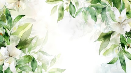 Naklejka premium Background image with white flowers and green leaves.