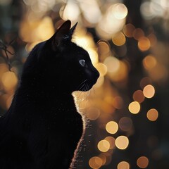 black cat silhouette against glowing lights