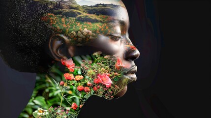 African Floral Fusion: Double Exposure Portrait of Serene Beauty