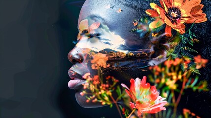 African Floral Fusion: Double Exposure Portrait of Serene Beauty