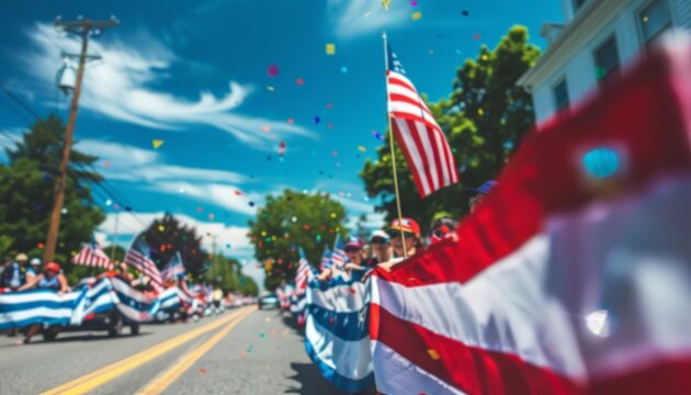 Crowd of people walking down the street waving American flags on the 4th of July