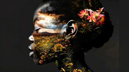 Nature's Harmony: African Girl in Surreal Floral Double Exposure