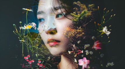 Creative Collage of a Young Asian Korean Woman with Vibrant Florals and Mountain Landscapes