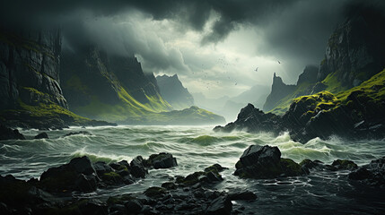 Aerial View Of Beautiful Moody Clouds Overhead Jagged Mountains with Rolling Hills and Cliffs Landscape Background