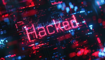 Red glowing letters saying hacked on a background of a circuit board.