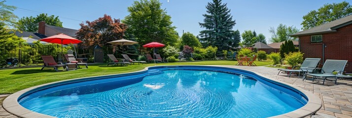 Bright backyard setting with a pool, lawn chairs, and umbrellas on a sunny day