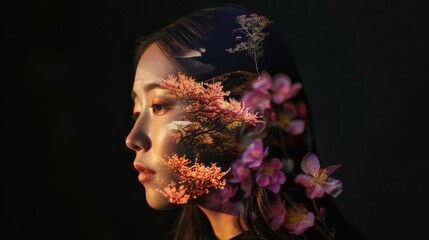 Floral Silhouette Dreamlike Double Exposure of a Young Asian Korean Woman with Vibrant Florals