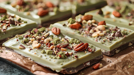 Matcha White Chocolate Bark: barks made of melted white chocolate with stirred in matcha powder, with toppings like chopped nuts, dried fruit, or sea salt, cut into pieces.