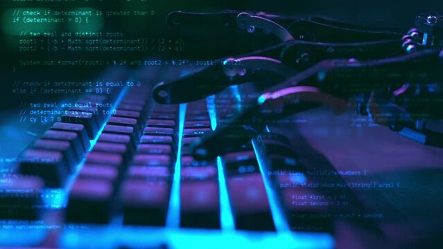 Robot hand working and typing on pc keyboard with AI Technology. Artificial intelligence mechanical arm with computer. Futuristic high-tech innovation concept
