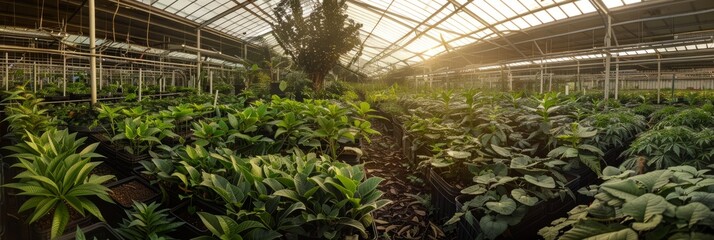 A wide angle view of a large greenhouse filled with a variety of green plants, including medicinal species