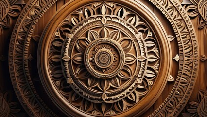 circular wooden carving with intricate patterns and designs, wooden mandala. concepts: woodworking, art, interior design, book cover, traditional crafts or woodworking techniques, carpentry workshops.