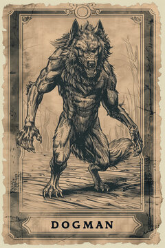 Werewolf cryptid poster card art. Michigan Dogman creature illustration.