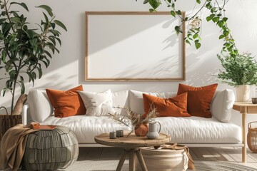 mockup of modern living room with blank wooden frame on the wall, white sofa and plants near it, front view. 