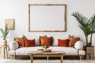mockup of modern living room with blank wooden frame on the wall, white sofa and plants near it, front view. 