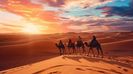 Travelers on a camel trek through a vast desert, with endless sand dunes and a setting sun