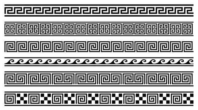 Vector set of 6 greek style geometric seamless frames isolated on white background