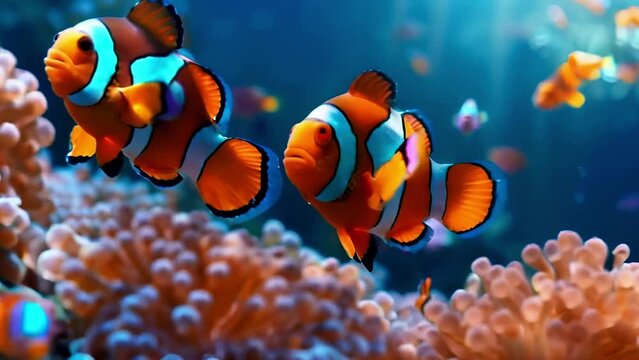 Two clown fish gracefully swim in an aquarium