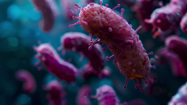Detailed view of various pink objects including bacteria and seeds