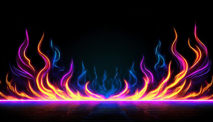 Fototapeta premium Neon glowing Fire flame waves on black background with copy space