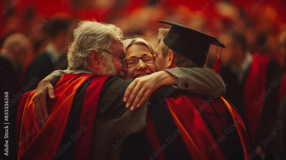 Wall mural A graduate in a cap and gown hugging their parents, sharing a moment of joy and pride, amidst a crowd of fellow graduates in red robes. - Wall murals