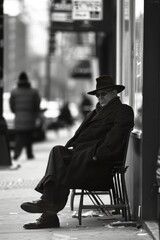 Black and white photo of an elderly man sitting alone on a city bench, wearing a hat and coat, depicting urban solitude and contemplation