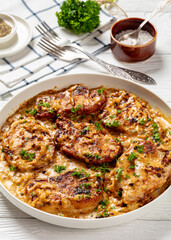 creamy smothered pork chops cooked in onion gravy