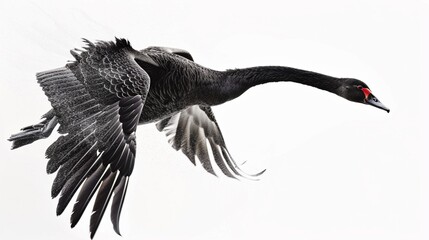 A stunning black swan, its elegant form gliding against a transparent backdrop, photographed with unparalleled clarity.