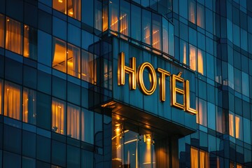 Fototapeta premium A Modern Hotel with Distinctive HOTEL Signage, Embodying Innovative Architecture, and Unrivaled Accommodations for a Memorable Stay