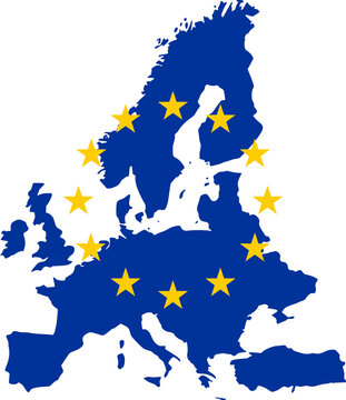 Blue European Union map overlaid with twelve golden stars isolated