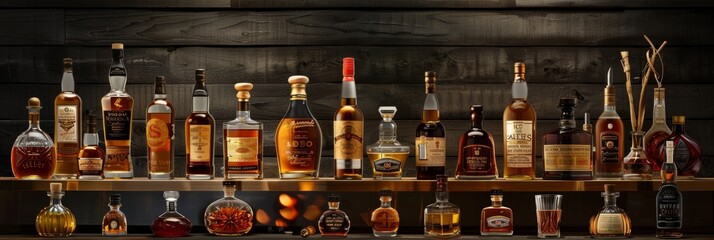 Display of artisanal whisky assortment on a shelf showcasing a diverse selection of liquor bottles in an urban event background