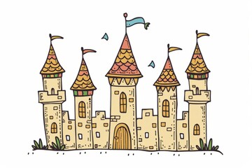 Cartoon cute doodles of a cardboard castle with turrets and flags, Generative AI