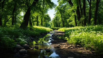 Obraz premium Contemporary Scenery Of River with Mossy Rocks In The Middle Of A Tropical Forest Landscape Background