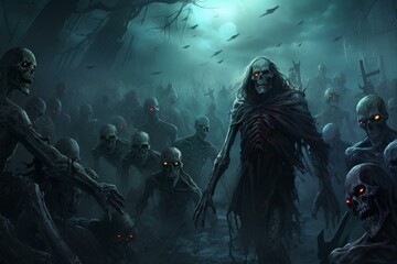 Eerie illustration of a multitude of zombies with glowing eyes in a foggy, nocturnal woodland