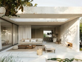 A minimalist, modern veranda focuses on clean lines and a monochromatic color scheme