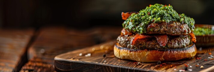 Closeup of a hamburger with green pesto topping on a wooden cutting board - Powered by Adobe