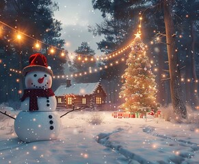 Obraz premium Photo Merry Christmas Background, Christmas Design, Christmas Template, snowman. Christmas tree. generative ai art